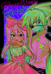 1boy 1girl absurdres blue_skin blush bow captain_spaceboy colored_skin dress eyepatch green_hair hair_bow heart highres long_hair looking_at_viewer menma_(enaic31) omori open_mouth pink_bow pink_eyes pink_hair puffy_short_sleeves puffy_sleeves red_eyes short_hair short_sleeves smile sweetheart_(omori) twintails