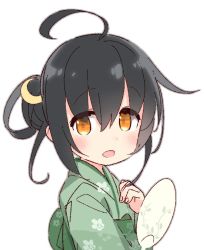 Rule 34 | 1girl, :d, ahoge, black hair, blush, commentary, crescent, crescent hair ornament, floral print, hair between eyes, hair ornament, hand fan, japanese clothes, kantai collection, kimono, looking at viewer, mikazuki (kancolle), open mouth, orange eyes, paper fan, simple background, smile, solo, uchiwa, white background, yoru nai, yukata
