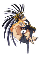 Rule 34 | 1boy, arm tattoo, aztec, blonde hair, blue eyes, braid, facepaint, fate/grand order, fate (series), from side, full body, hair ornament, headdress, highres, jonya, long hair, male focus, navel, profile, shoulder tattoo, simple background, skull, skull hair ornament, solo, tattoo, tezcatlipoca (fate), tezcatlipoca (third ascension) (fate), toeless footwear, topless male, traditional clothes, twin braids, white background