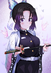 Rule 34 | &gt;:), 1girl, auui, belt, belt buckle, black hair, black jacket, black pants, blush, breasts, buckle, bug, butterfly, butterfly hair ornament, closed mouth, commentary request, gradient hair, hair ornament, highres, holding, holding sword, holding weapon, insect, jacket, katana, kimetsu no yaiba, kochou shinobu, long sleeves, multicolored hair, open clothes, pants, parted bangs, purple eyes, purple hair, small breasts, smile, solo, sword, v-shaped eyebrows, weapon, white belt, wide sleeves