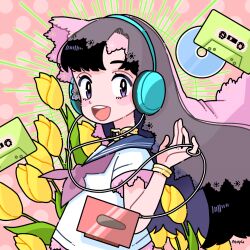 Rule 34 | 1girl, black hair, blue sailor collar, cassette player, cassette tape, cd, commentary request, eyelashes, floral background, flower, from side, fujishima moyu, gold bracelet, headphones, listening to music, long hair, looking at viewer, musical note necklace, neckerchief, open mouth, original, pink neckerchief, pink veil, polka dot, polka dot background, purple eyes, sailor collar, school uniform, shirt, solo, tulip, very long hair, white shirt, yellow flower, yellow tulip