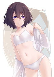 Rule 34 | 1girl, absurdres, black hair, breasts, closed mouth, highres, long sleeves, lusan666, medium hair, navel, open clothes, open shirt, original, panties, purple eyes, shirt, small breasts, stomach, stomach day, underwear, white panties, white shirt