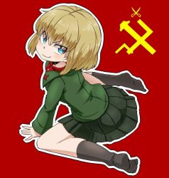 Rule 34 | 10s, 1girl, aono3, arm support, black skirt, black socks, blonde hair, blue eyes, closed mouth, emblem, fang, from above, girls und panzer, green jacket, jacket, katyusha (girls und panzer), leaning forward, long sleeves, looking at viewer, looking back, miniskirt, no shoes, pleated skirt, pravda (emblem), pravda school uniform, red background, red shirt, school uniform, shirt, short hair, sitting, skirt, smile, socks, solo, turtleneck, v-shaped eyebrows, wariza