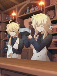 Rule 34 | 1boy, 1girl, 3d background, aether (genshin impact), ahoge, alternate costume, bar (place), barrel, bartender, black gloves, black necktie, black shirt, blonde hair, braid, brother and sister, chii (ciz ta), closed eyes, closed mouth, commentary, cup, drinking glass, earrings, flower, genshin impact, gloves, hair flower, hair ornament, highres, jewelry, lantern, long sleeves, lumine (genshin impact), necktie, shirt, short hair with long locks, siblings, sidelocks, single earring, smile, sparkle, symbol-only commentary, towel, vest, white flower, white vest, wine glass, wiping