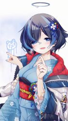 Rule 34 | 1girl, absurdres, black hair, blue eyes, blue hair, blue kimono, blue nails, breath, commentary request, condensation, frilled sleeves, frills, glass writing, hair between eyes, hands up, highres, jacket, jacket on shoulders, japanese clothes, kimono, kuromaru9, long sleeves, looking at viewer, multicolored hair, nail polish, obi, original, sash, smile, solo, streaked hair, white jacket, wide sleeves, window fog