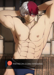 Rule 34 | 1boy, abs, alternate muscle size, arms behind head, bara, black male underwear, boku no hero academia, briefs, bulge, contrapposto, cowboy shot, flexing, heterochromia, hydaria, light smile, male focus, male underwear, multicolored hair, muscular, muscular male, navel, nipples, paid reward available, pectorals, short hair, solo, split-color hair, stomach, todoroki shouto, topless male, underwear