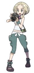 Rule 34 | 10s, 1girl, absurdres, armpits, bare shoulders, blonde hair, blue eyes, breasts, camera, capri pants, creatures (company), crop top, game freak, green eyes, gym leader, happy, highres, knees, legs, midriff, nintendo, official art, open mouth, pants, pocket, pokemon, pokemon xy, shirt, shoes, short hair, simple background, small breasts, smile, solo, tank top, taut clothes, teeth, tongue, viola (pokemon), white background, white shirt