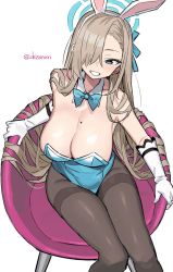 Rule 34 | 1girl, animal ears, asuna (blue archive), asuna (bunny) (blue archive), bare shoulders, blue archive, blue bow, blue bowtie, blue eyes, blue leotard, blush, bow, bowtie, breasts, brown pantyhose, cleavage, collarbone, detached collar, fake animal ears, from above, gloves, grin, hair over one eye, highleg, highleg leotard, highres, large breasts, leotard, light brown hair, long hair, mole, mole on breast, pantyhose, playboy bunny, rabbit ears, shisoneri, sitting, smile, solo, strapless, strapless leotard, teeth, thighband pantyhose, traditional bowtie, very long hair, white gloves