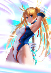 Rule 34 | 1girl, absurdres, arm up, armpits, blonde hair, blue eyes, bradamante (fate), bradamante (first ascension) (fate), breasts, covered navel, detached sleeves, fate/grand order, fate (series), gloves, highleg, highleg leotard, highres, large breasts, leotard, smile, solo, takaga shireteru, twintails, white gloves
