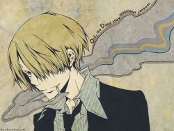 Rule 34 | 1boy, amano akira, blonde hair, blue eyes, cigarette, curly eyebrows, english text, formal, hair over one eye, highres, male focus, one eye covered, one piece, sanji (one piece), short hair, smile, smoke, solo, suit, third-party edit, third-party source