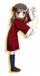 Rule 34 | 00s, 1girl, arima miyako, black hair, blue eyes, blue socks, blush, bow, brown hair, clenched hand, clenched hands, dancing, dress, green eyes, kneehighs, long hair, long sleeves, looking back, melty blood, motion blur, q-gaku, shoes, simple background, skirt, socks, solo, the monkey, tsukihime, type-moon