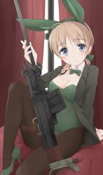 Rule 34 | 1girl, ahoge, animal ears, anti-materiel rifle, arm support, bad id, bad pixiv id, black pantyhose, blue eyes, blush, bow, bowtie, boys anti-tank rifle, braid, breasts, brown hair, cleavage, detached collar, fake animal ears, female focus, gradient background, gun, hair ribbon, high heels, jacket, large breasts, leotard, long hair, lynette bishop, mobu, pantyhose, playboy bunny, rabbit ears, ribbon, rifle, single braid, sitting, smile, sniper rifle, solo, strike witches, weapon, world witches series