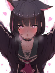 Rule 34 | 1girl, absurdres, animal ears, black hair, black jacket, blue archive, blush, cat ears, colored inner hair, extra ears, halo, heart, heart-shaped pupils, highres, hood, hood down, hooded jacket, jacket, kazusa (blue archive), long sleeves, looking at viewer, multicolored hair, open mouth, pink hair, pink halo, red eyes, short hair, simple background, solo, symbol-shaped pupils, upper body, white background, yunon oto mad