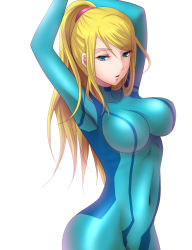Rule 34 | 1girl, arms up, bad id, bad pixiv id, blonde hair, blue eyes, bodysuit, breasts, covered navel, highres, hip focus, kukua (mosushi), lips, long hair, looking at viewer, metroid, mole, mole under mouth, navel, nintendo, ponytail, samus aran, skin tight, solo, super smash bros., zero suit