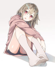 Rule 34 | 1girl, :o, commentary, feet, foreshortening, hood, hoodie, kneehighs, light brown hair, looking at viewer, no shoes, nyoro (nyoronyoro000), open mouth, original, pink eyes, short hair, short shorts, shorts, simple background, sitting, socks, soles, solo, white socks