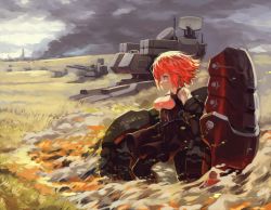 Rule 34 | 1girl, absurdres, black dress, breasts, character request, cloud, cloudy sky, copyright request, dress, field, fire, from side, gauntlets, grey eyes, highres, looking to the side, mecha, outdoors, puribate (helgoland), red hair, robot, short hair, sky
