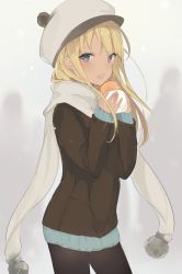 Rule 34 | 1girl, black pantyhose, blonde hair, blue eyes, cabbie hat, cowboy shot, eating, fang, hat, jacket, long hair, looking at viewer, lpip, open mouth, original, pantyhose, ribbed sweater, scarf, sleeves past wrists, snow, solo, sweater, tan, teeth, white hat, white scarf