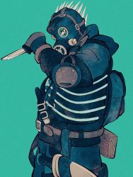 Rule 34 | 1boy, aqua background, belt, caiman (dorohedoro), cowboy shot, dorohedoro, gas mask, gloves, highres, holding, holding knife, holding weapon, knife, looking at viewer, male focus, mask, simple background, solo, uzuta, weapon