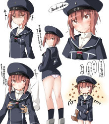 Rule 34 | 10s, 1girl, animal ears, ass, beret, blush, blush stickers, grabbing another&#039;s breast, breasts, brown eyes, brown hair, character sheet, chestnut mouth, clothes writing, disgust, dog ears, dog tail, dress, flower, flying sweatdrops, german text, grabbing, grabbing from behind, hat, highres, kaminagi (kaminagi-tei), kantai collection, kemonomimi mode, kneepits, light smile, no pants, panties, pantyshot, partially translated, sailor dress, sailor hat, shaded face, short hair, small breasts, socks, solo, standing, tail, tail wagging, translation request, underwear, white panties, z3 max schultz (kancolle)