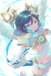 Rule 34 | 1boy, alternate costume, androgynous, bare shoulders, black hair, blue hair, braid, bridal gauntlets, capelet, chest tattoo, closed mouth, crop top, elbow gloves, feathered wings, flower, genshin impact, gloves, gradient hair, green eyes, hair flower, hair ornament, highres, hood, hood down, hooded capelet, leg tattoo, looking at viewer, male focus, midriff, mozu (tamakonnyaku), multicolored hair, navel, short hair with long locks, shorts, simple background, single thighhigh, sleeveless, smile, solo, tattoo, thighhighs, twin braids, venti (archon) (genshin impact), venti (genshin impact), white background, white flower, white shorts, white thighhighs, wings