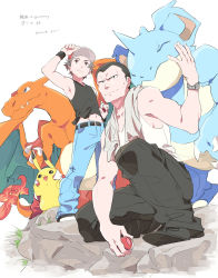 Rule 34 | 2boys, absurdres, bad id, bad pixiv id, baseball cap, black eyes, black hair, charizard, closed mouth, commentary request, creatures (company), flame-tipped tail, from below, game freak, gen 1 pokemon, giovanni (pokemon), hand up, hat, highres, holding, holding poke ball, male focus, multiple boys, navel, nidoqueen, nintendo, pants, pikachu, poke ball, poke ball (basic), pokemon, pokemon (creature), pokemon frlg, pumpkinpan, red (pokemon), red headwear, shirt, shoes, short hair, sleeveless, sleeveless shirt, smile, standing, towel, towel around neck, watch, white shirt, wristband, wristwatch