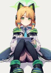 Rule 34 | 1girl, absurdres, animal ear headphones, animal ears, black thighhighs, blonde hair, blue archive, blue necktie, boots, bow, cat ear headphones, closed mouth, coat, collared shirt, fake animal ears, green eyes, grey background, hair bow, halo, headphones, highres, hood, hood down, hooded coat, knees up, long hair, midori (blue archive), necktie, shadow, shirt, shorts, simple background, sitting, solo, stylus, tablet pc, thighhighs, white coat, white shirt, yoon cook
