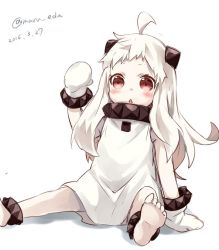 Rule 34 | 10s, 1girl, abyssal ship, ahoge, anklet, arm support, barefoot, chestnut mouth, dated, dress, feet, jewelry, jpeg artifacts, kantai collection, long hair, maruki (punchiki), northern ocean princess, pale skin, simple background, sitting, solo, twitter username, white background, white dress, white hair