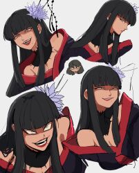 Rule 34 | 1girl, black collar, black hair, black kimono, blunt bangs, breasts, chibi, chibi inset, cleavage, collar, commentary, constricted pupils, crazy eyes, crazy smile, cropped torso, epiphyllum, expressions, final fantasy, final fantasy xiv, flower, glaa da, green eyes, hair flower, hair ornament, hair stick, half-closed eyes, highres, japanese clothes, kimono, long hair, mole, mole under mouth, multiple views, off shoulder, open mouth, portrait, red lips, sidelocks, simple background, small breasts, smile, straight hair, upper body, white background, yotsuyu goe brutus