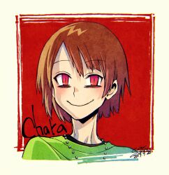 Rule 34 | 1other, brown hair, chara (undertale), collar, evil smile, green sweater, highres, portrait, red background, red pupils, smile, sweater, undertale, yokaze (xxxdisxxx)