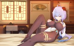 Rule 34 | 1girl, absurdres, arms at sides, bed, blue hair, bodystocking, bodysuit, breasts, ganyu (genshin impact), genshin impact, googoogaagaa, highres, horns, large breasts, leg up, legs, leotard, lying, nipples, on back, on bed, one breast out, pantyhose, pelvic curtain, plate, puffy nipples, solo, torn bodystocking, torn clothes
