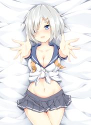 Rule 34 | 10s, 1girl, blue eyes, blush, breasts, cleavage, collarbone, eyes visible through hair, grey skirt, hair ornament, hair over one eye, hairclip, hamakaze (kancolle), kantai collection, kuro-ra, large breasts, looking at viewer, lying, navel, no gloves, no legwear, on back, open hands, open mouth, outstretched arms, pleated skirt, reaching, reaching towards viewer, school uniform, serafuku, shirt, short hair, short sleeves, silver hair, skirt, solo, thighs, tied shirt