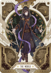 Rule 34 | achan (blue semi), black hair, black pants, black robe, black shirt, boots, card, closed eyes, gears, highres, holding, holding card, holding staff, hooded robe, klein moretti, lord of the mysteries, official art, pants, robe, shirt, short hair, staff, tarot, tarot (card), the world (tarot)