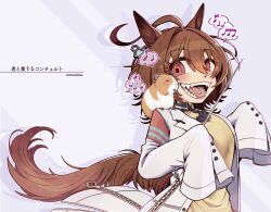 Rule 34 | 1girl, agnes tachyon (umamusume), ahoge, animal, animal ears, animal on shoulder, beamed eighth notes, brown eyes, brown hair, commentary request, earrings, eighth note, fangs, guinea pig, hair between eyes, holding, holding pointer, horse ears, horse girl, horse tail, huge ahoge, jewelry, lab coat, long sleeves, medium hair, music, musical note, open mouth, pointer, purple background, sharp teeth, singing, single earring, sixteenth note, sleeves past fingers, sleeves past wrists, speech bubble, spoken musical note, sweater, tail, teeth, torasigure, translation request, umamusume, upper body, yellow sweater