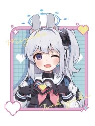 Rule 34 | 13 (spice!!), 1girl, animal ears, black gloves, blue archive, blue halo, blue serafuku, blush, character name, fake animal ears, gloves, grey hair, halo, heart, heart hands, long hair, long sleeves, looking at viewer, miyako (blue archive), neckerchief, one eye closed, one side up, open mouth, pink gloves, pink neckerchief, purple eyes, rabbit ears, sailor collar, school uniform, serafuku, smile, solo, transparent background, two-tone gloves, upper body, white sailor collar