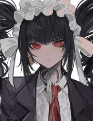 Rule 34 | 1girl, black hair, bonnet, celestia ludenberg, center frills, danganronpa: trigger happy havoc, danganronpa (series), drill hair, earrings, frills, gothic lolita, highres, jacket, jewelry, lolita fashion, long hair, long sleeves, looking at viewer, nail polish, necktie, open clothes, open jacket, red eyes, red necktie, shirt, solo, teeth, twin drills, twintails, ziyuuuuuuda