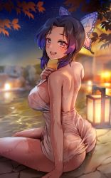 Rule 34 | 1girl, absurdres, ass, autumn leaves, black hair, blue hair, blurry, blurry background, breasts, butterfly hair ornament, forehead, foxyreine, from behind, from side, hair ornament, hand up, highres, kimetsu no yaiba, kochou shinobu, lantern, large breasts, looking at viewer, looking back, multicolored hair, naked towel, night, night sky, onsen, open mouth, outdoors, patreon logo, shoulder blades, sitting, sky, smile, solo, star (sky), starry sky, teeth, thighs, towel, two-tone hair, upper teeth only, water, watermark, web address, wet, wet towel