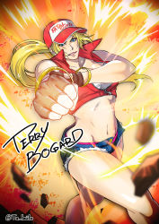 Rule 34 | 1girl, blonde hair, bomber jacket, breasts, fatal fury, fingerless gloves, gender request, genderswap, gloves, hat, highres, jacket, long hair, looking at viewer, navel, ponytail, shorts, simple background, smile, snk, snk heroines: tag team frenzy, solo, tank top, terry bogard, the king of fighters, vest, white background