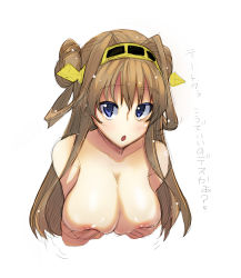 Rule 34 | 10s, 1girl, akino sora, blue eyes, blush, grabbing another&#039;s breast, breasts, brown hair, chestnut mouth, female focus, grabbing, hairband, highres, kantai collection, kongou (kancolle), large breasts, long hair, looking at viewer, nipples, nude, open mouth, personification, sketch, solo, text focus, translated
