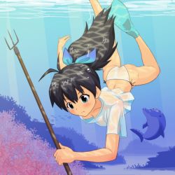 Rule 34 | 00s, 1girl, argon, ass, bad id, bad pixiv id, bikini, black hair, blue eyes, dolphin, downblouse, flippers, freediving, ganaha hibiki, holding breath, idolmaster, idolmaster (classic), idolmaster sp, long hair, pitch fork, polearm, puffy cheeks, see-through, shirt, solo, spear, swimming, swimsuit, t-shirt, trident, underwater, weapon