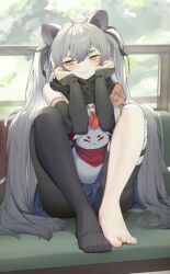 Rule 34 | 1girl, animal ears, barefoot, black pantyhose, black scarf, blue archive, blue skirt, blush, bridal gauntlets, closed mouth, feet, grey hair, hair between eyes, knees apart feet together, knees up, legs, long hair, michiru (blue archive), neckerchief, no shoes, pantyhose, pero (peroneko0510), pleated skirt, red neckerchief, scarf, sitting, skirt, solo, toenails, toes, twintails, yellow eyes