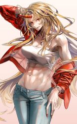 Rule 34 | 1girl, abs, absurdres, adjusting hair, arm up, armpits, blonde hair, blue pants, breasts, commission, contemporary, crop top, denim, highres, horns, hoshiguma yuugi, jacket, jeans, large breasts, long hair, looking at viewer, muscular, muscular female, pants, red eyes, red horns, red jacket, red nails, safutsuguon, shirt, single horn, skeb commission, sketch, solo, stomach, touhou, white background, white shirt