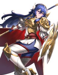 Rule 34 | 1girl, absurdres, armor, blue bodysuit, blue eyes, blue hair, bodysuit, burnt green tea, cape, fire emblem, fire emblem awakening, fire emblem heroes, hairband, high heels, highres, holding, holding polearm, holding shield, holding weapon, looking back, lucina (brave princess) (resplendent) (fire emblem), lucina (fire emblem), nintendo, official alternate costume, polearm, red cape, shield, shoulder armor, smile, solo, thighhighs, weapon, white background, wing hair ornament