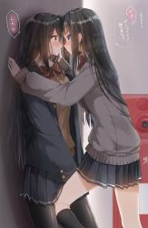Rule 34 | 2girls, absurdres, against wall, black hair, black skirt, black socks, blazer, blue eyes, blue skirt, blush, brown eyes, closed mouth, commentary request, eye contact, finger to another&#039;s mouth, from side, heart, highres, jacket, kabedon, kneehighs, leg between thighs, long hair, long sleeves, looking at another, miniskirt, multiple girls, open clothes, open jacket, original, pantyhose, pentagon (railgun ky1206), pleated skirt, school uniform, sidelocks, skirt, socks, speech bubble, sweater, translated, very long hair, yuri