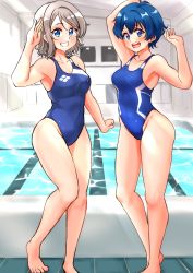 Rule 34 | 2girls, absurdres, blue eyes, blue hair, blue one-piece swimsuit, breasts, commission, competition swimsuit, highleg, highleg swimsuit, highres, kamishiro sui, love live!, love live! sunshine!!, multiple girls, one-piece swimsuit, pixiv commission, pool, swimsuit, tokyo 7th sisters, watanabe you