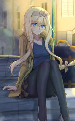 Rule 34 | 1girl, absurdres, alice zuberg, alternate costume, arm support, bag, black pantyhose, blonde hair, blue eyes, blue shirt, blurry, blush, bokeh, bow, braid, breasts, brown jacket, casual, closed mouth, collarbone, commentary request, depth of field, full body, grey footwear, hair between eyes, hair bow, hair ribbon, high heels, highres, jacket, light blush, long hair, long sleeves, looking at another, looking at viewer, medium breasts, open clothes, open jacket, pantyhose, plaid, pleated skirt, reflection, ribbon, shirt, shoes, sidelocks, sigure yusyo, sitting, skirt, smile, solo, sword art online, sword art online: alicization, v-neck, very long hair, window