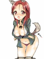 Rule 34 | 00s, 1girl, animal ears, blush, breast hold, breasts, cleavage, crossed arms, large breasts, leaning forward, minna-dietlinde wilcke, navel, open mouth, panties, solo, strike witches, striker unit, tail, underwear, world witches series