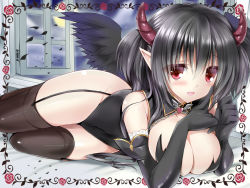 Rule 34 | 1girl, bad id, bad pixiv id, black gloves, black hair, black thighhighs, black wings, blush, breasts, cleavage, demon girl, demon horns, elbow gloves, fangs, garter straps, gloves, horns, large breasts, long hair, open mouth, original, pointy ears, shira ichigo (ichigohou), short twintails, smile, solo, thighhighs, twintails, two side up, window, wings
