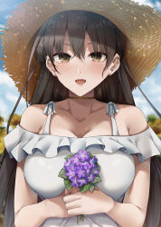 Rule 34 | 1girl, bare shoulders, black hair, blurry, blurry background, blush, bouquet, breasts, brown eyes, cleavage, collarbone, commentary request, dress, ear piercing, earrings, flower, hat, highres, holding, holding bouquet, jewelry, konata (kankin jk), large breasts, lips, long hair, looking at viewer, mishiranu joshikousei ni kankin sareta mangaka no hanashi, necklace, off-shoulder dress, off shoulder, open mouth, outdoors, piercing, purple flower, ryouma (galley), solo, straw hat, sunflower, tongue, very long hair