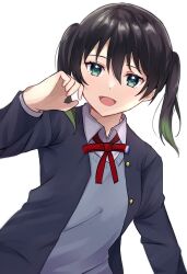 Rule 34 | 1girl, black hair, black jacket, breasts, collared shirt, commentary request, gradient hair, green eyes, green hair, grey vest, hair between eyes, hand up, highres, jacket, kiruto (artar 12), long sleeves, looking at viewer, love live!, love live! nijigasaki high school idol club, medium breasts, medium hair, multicolored hair, neck ribbon, nijigasaki school uniform, open clothes, open jacket, open mouth, red ribbon, ribbon, school uniform, shirt, sidelocks, solo, takasaki yu, twintails, upper body, vest, white background, white shirt, winter uniform