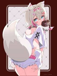 Rule 34 | 1girl, animal ear fluff, animal ears, ass, bandaid, bandaid hair ornament, black collar, blonde hair, blue eyes, breasts, collar, cropped shirt, dog ears, dog girl, dog tail, fang, food in mouth, frilled shorts, frills, hair ornament, highres, hinata hirune, holding doughnut, hololive, hololive english, medium hair, mococo abyssgard, mococo abyssgard (1st costume), mouth hold, multicolored hair, pink hair, shirt, short shorts, shorts, skin fang, small breasts, solo, streaked hair, tail, virtual youtuber, white shirt, white shorts, x hair ornament